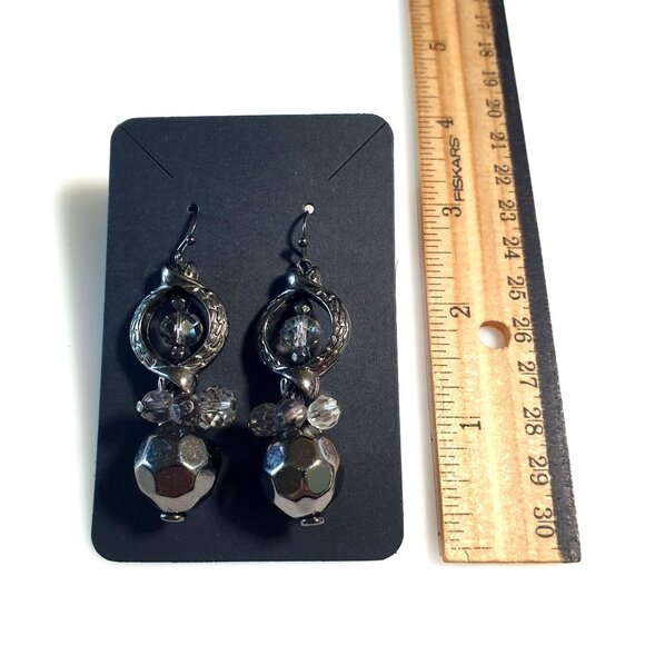 Vintage Dangle Earrings Crystal Accents Acrylic Beads Silver Finish Hook Formal - Picture 3 of 4